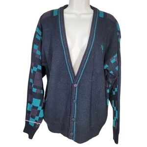 Koman Cardigan Sweater M/ L Grey Teal Geometric Vintage 80s vapor wave Excellent